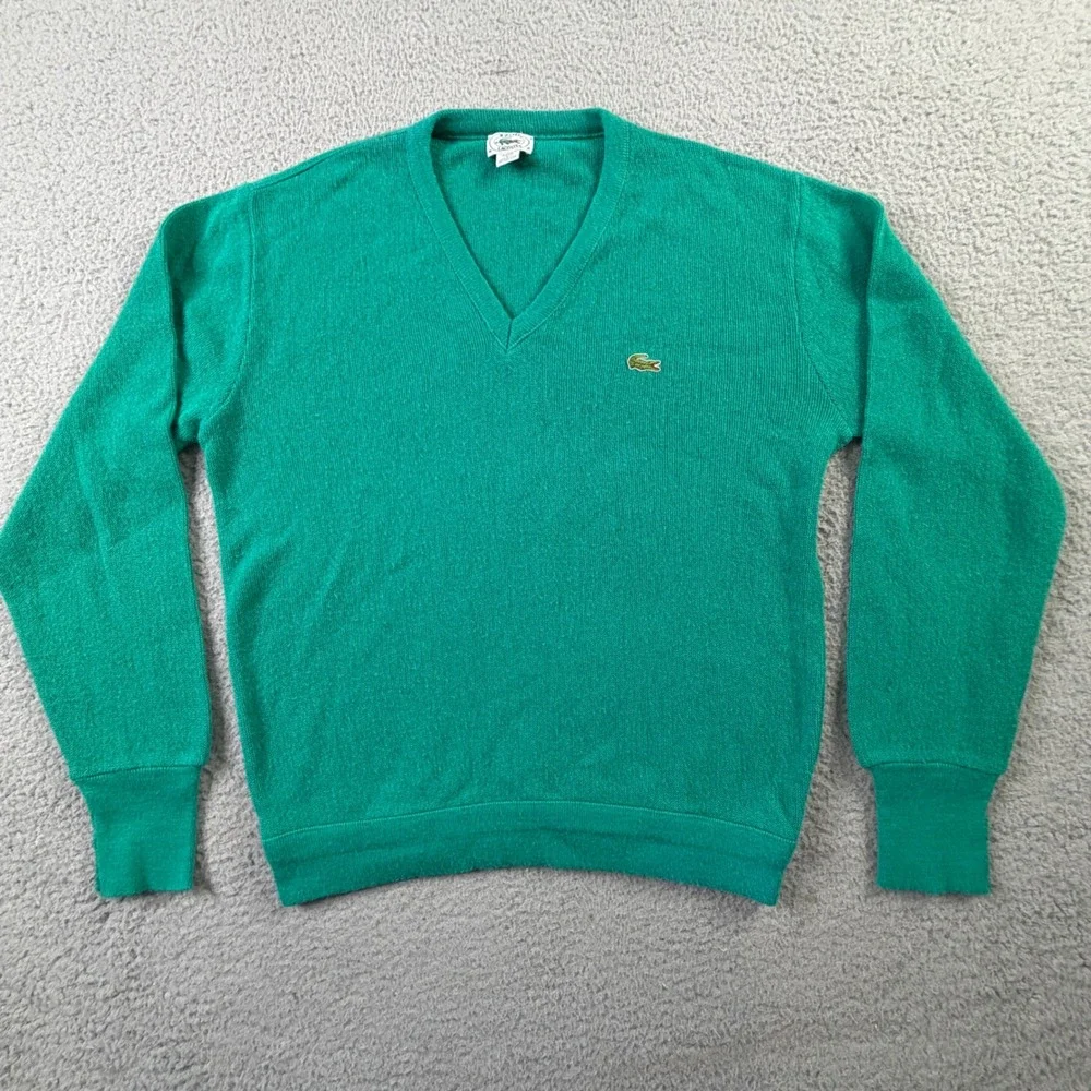 Vintage Izod Lacoste V-Neck Sweater Mens Large Green Orlon Acrylic Made in USA